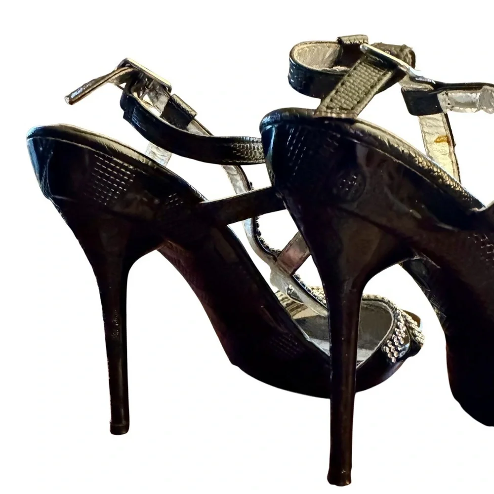 Wild Rose Black Rhinestone Open Toe Strappy Slingback Stiletto Sandals Size 8